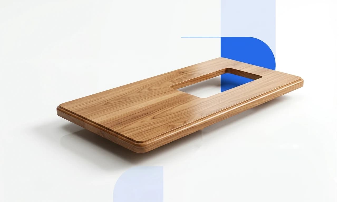 Illustration of a wooden sewing machine table top with a cut-out for the machine